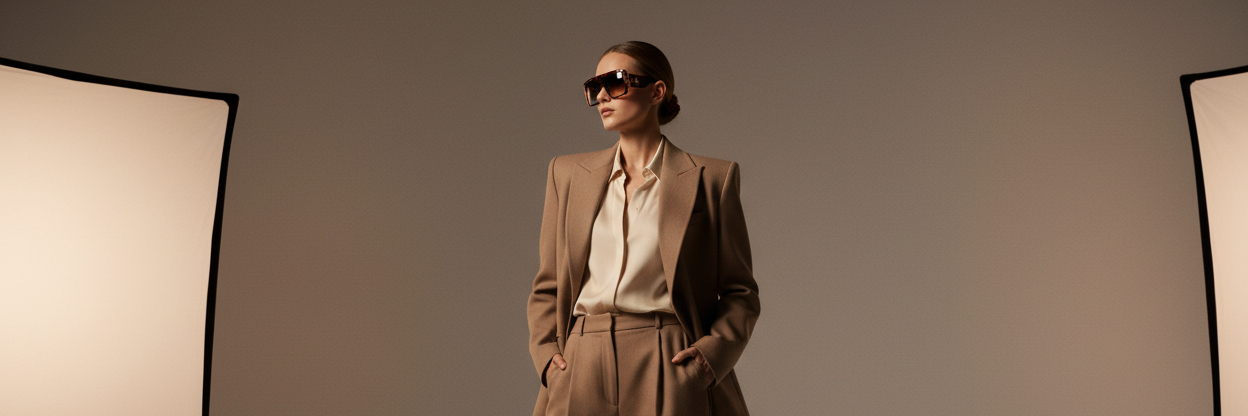 Bannière femme avec lunettes de soleil et veste - fond gris beige